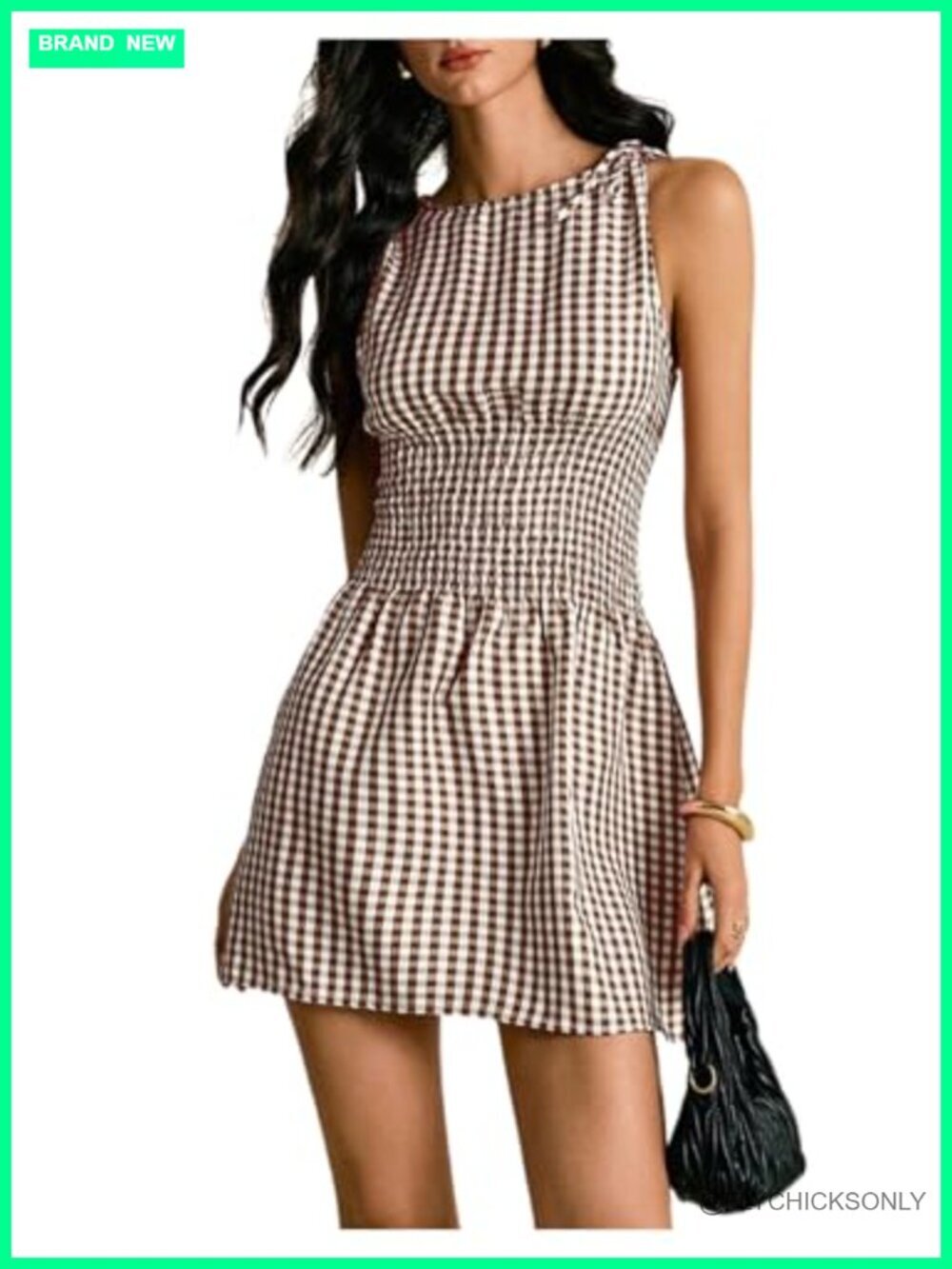 Tie Shoulder A-Line Gingham Dress Boat Neck Mini Checkered Casual Dress